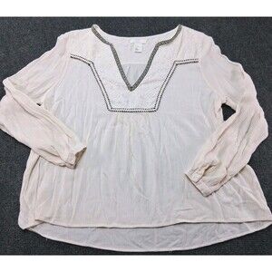 H&M Embroidered Boho Peasant‎ Blouse White V-Neck Tunic Size 12 Clean Girl